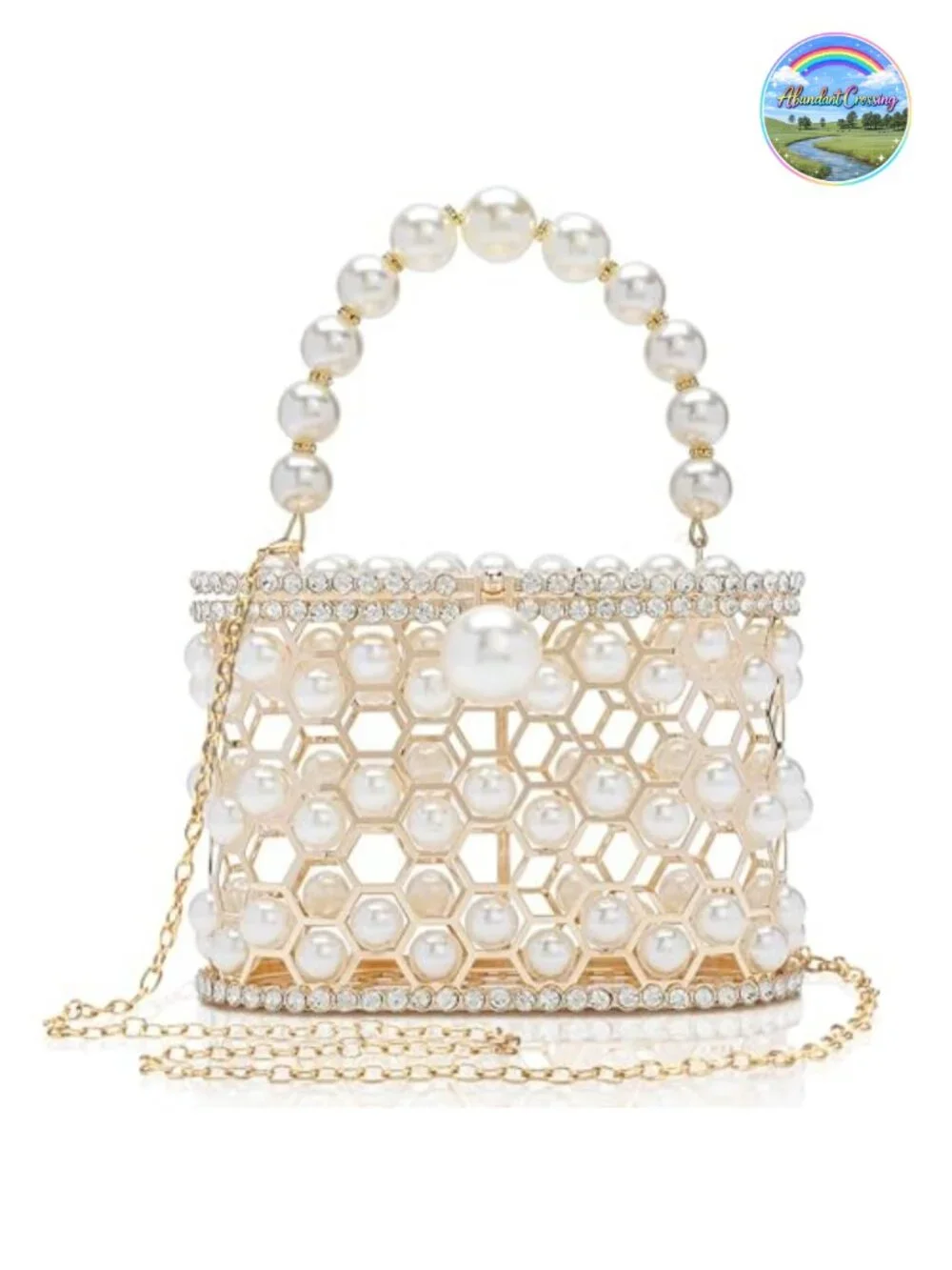 Sparkly Rhinestone Clutch with Pearl Handle, Detachable Chain, Velvet Lining,